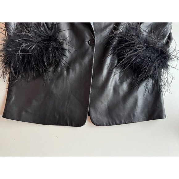 LAMARQUE Galia Black Faux Leather Feather Trim Oversized Blazer, Size XS/S - Picture 9 of 13